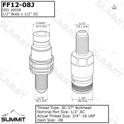 Flat Face Hydraulic Quick Connect Coupler Set,#8 JIC Bulkhead Mount