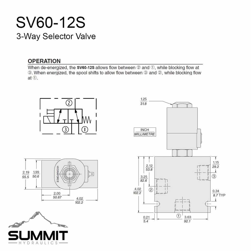 Hydraulic Selector Diverter Valve,3-Way,#12 SAE Ports,16 GPM,12v DC