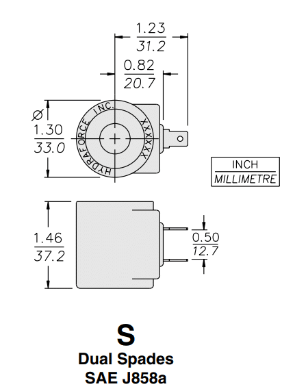 HydraForce 6301012 Solenoid Valve Coil, 2 Spade Connector, 12v DC, 08 Series