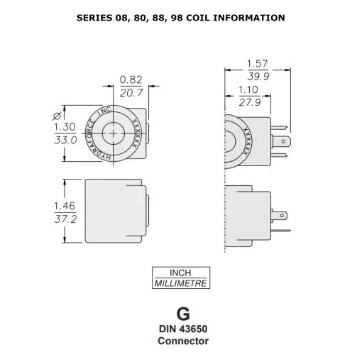 HydraForce 6306012 Solenoid Valve Coil, 3 Prong DIN Connector, 12v DC, 08 Series