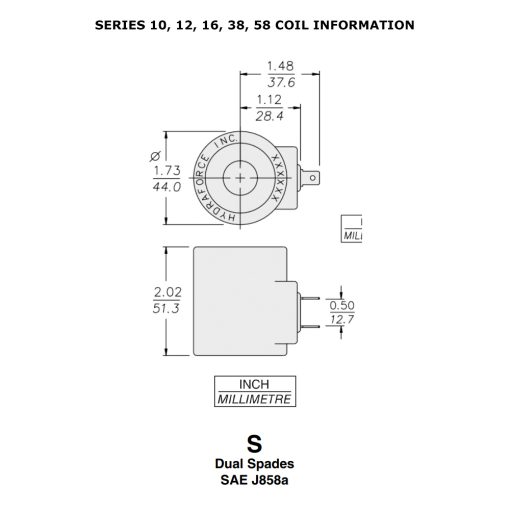 HydraForce 6351012 Solenoid Valve Coil, 2 Spade Connector, 12v DC, 10 Series