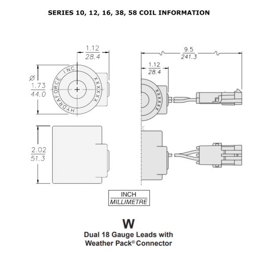 HydraForce 6359412 Solenoid Valve Coil, Weather Pack Connector, 12v DC, 10 Series