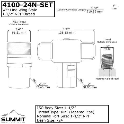 1-1/2″ NPT Wet-Line Wing Nut Hydraulic Quick Disconnect Coupler Set