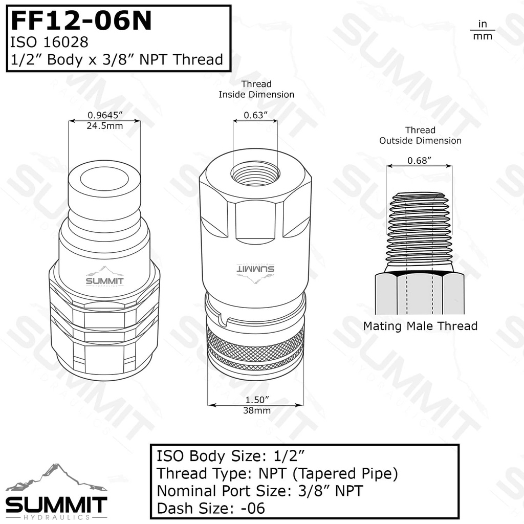 1/2″ Flat Face Hydraulic Quick Connect Coupler Set, 3/8″ NPT Thread