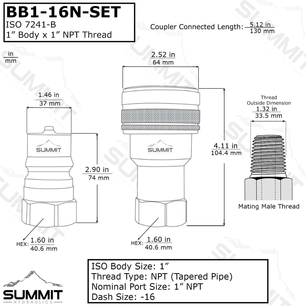 1″ NPT ISO 7241-B Brass Quick Disconnect Hydraulic Male Coupler