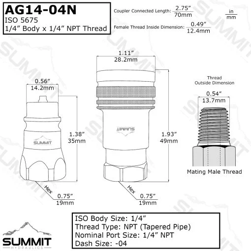 1/4″ Ag Hydraulic Quick Connect Coupler Set, 1/4″ NPT Thread