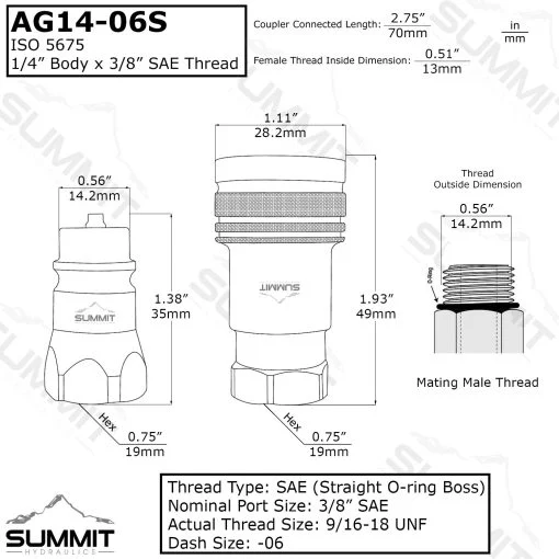 1/4” Ag Hydraulic Quick Connect Coupler Set,Poppet Valve,#6 SAE (9/16″-18 ORB) Thread