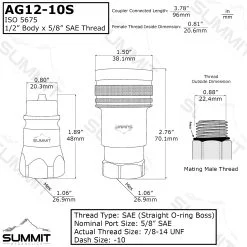 1/2″ Ag Hydraulic Quick Connect Female Coupler, Poppet Valve, #10 SAE (7/8-14 Female ORB Thread) Thread