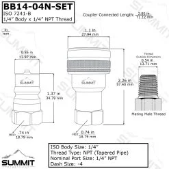 1/4″ NPT ISO 7241-B Brass With Stainless Steel Valve Quick Disconnect Hydraulic Coupler Set