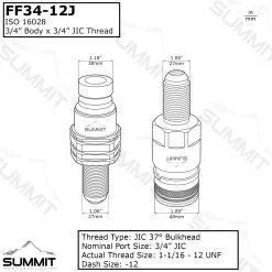 Flat Face Hydraulic Quick Connect Coupler Set,3/4″ Body x #12 JIC Bulkhead Mount