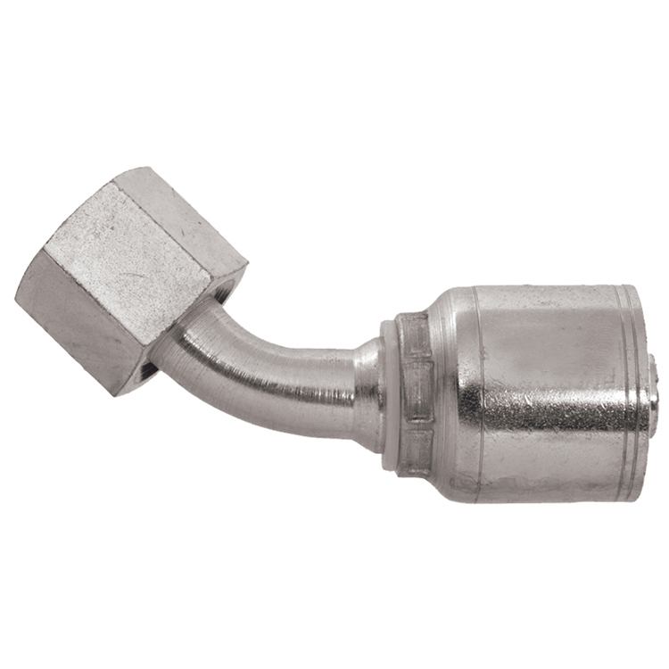 44463S-30-16 1" 45° NON-SKIVE CRIMP COUPLING ELBOW WITH S SERIES 30 MM FEMALE METRIC DIN 2353 THREAD