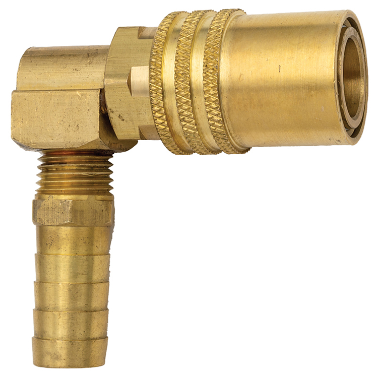 CPC216 1/4" NON-VALVED BRASS INJECTION MOLD COUPLER WITH 3/8" 90° HOSE BARB