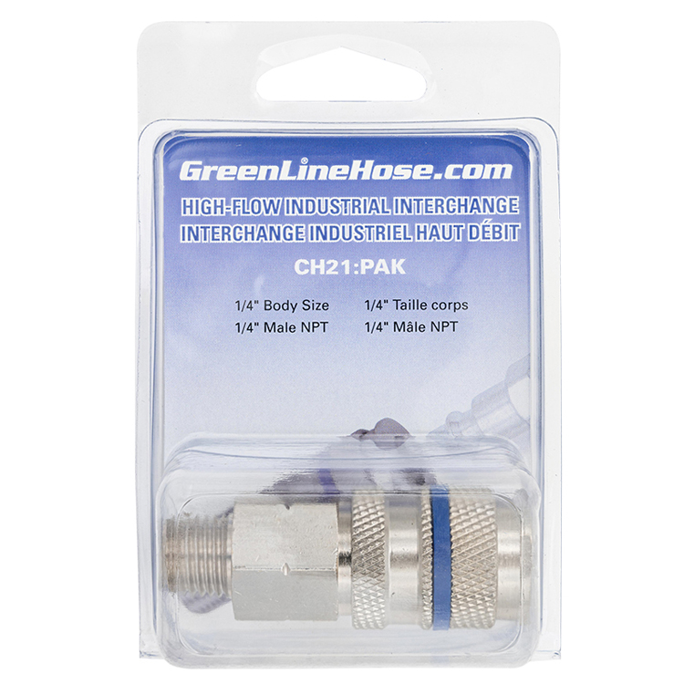 CH21:PAK RETAIL PACKAGED 1/4" PREMIUM HIGH-FLOW INDUSTRIAL COUPLER WITH 1/4" MALE PIPE (NPT) THREAD