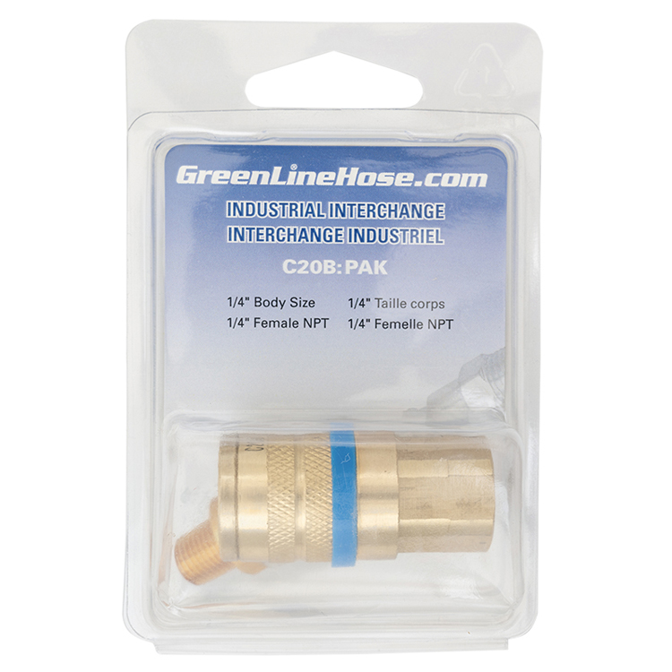 C20B:PAK RETAIL PACKAGED 1/4" BRASS INDUSTRIAL COUPLER WITH 1/4" FEMALE PIPE (NPT) THREAD